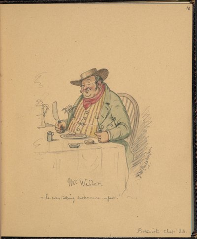 F. 10: Scena z Pickwick Papers, panie Weller, z „Księgi szkiców ze scenami z opowiadań Charlesa Dickensa” (ołówek i akwarela na papierze) autorstwa Frederick W. Pailthorpe
