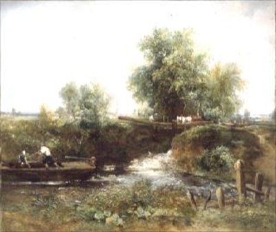 Rzeka z przeprawą konną i skiff autorstwa Frederick Waters Watts