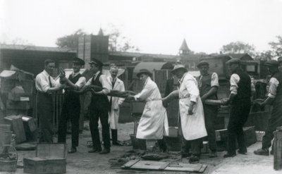 Pyton o długości 20 stóp niesiony przez jedenastu członków personelu Towarzystwa Zoologicznego, londyńskie zoo, czerwiec 1925 r autorstwa Frederick William Bond