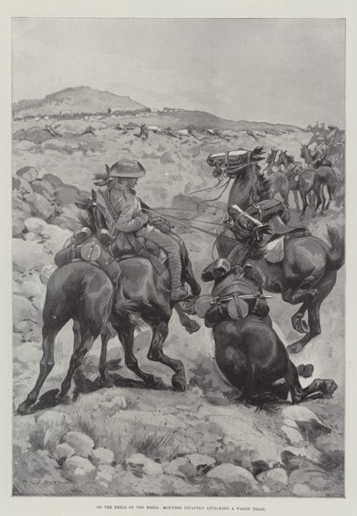 Na piętach Burów, piechota konna atakująca pociąg wozów autorstwa Frederick William Burton
