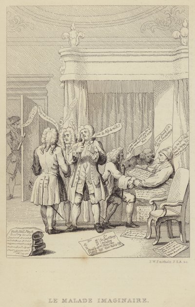 Le Malade Imaginaire: satyra przedstawiająca pisarza i botanika Johna Hilla w łóżku, konsultowanego przez wielu lekarzy, którzy są zdeterminowani, aby zabezpieczyć swoje honoraria autorstwa Frederick William Fairholt