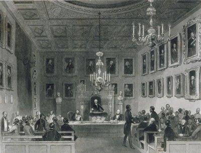 Widok wnętrza Somerset House, ukazujący spotkanie Królewskiego Towarzystwa Antykwarycznego, ok. 1840 r. autorstwa Frederick William Fairholt