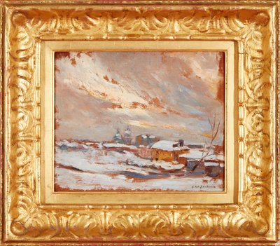 Zimowy pejzaż z odległymi kopułami, Rosja (olej na płycie) autorstwa Frederick William Jackson