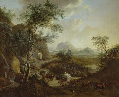 Krajobraz z konwojem koni i wozów autorstwa Frederick de Moucheron