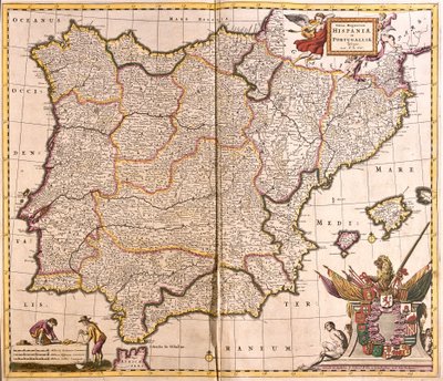 Mapa Półwyspu Iberyjskiego, Hiszpanii i Portugalii (akwaforta autorstwa Frederick de Wit