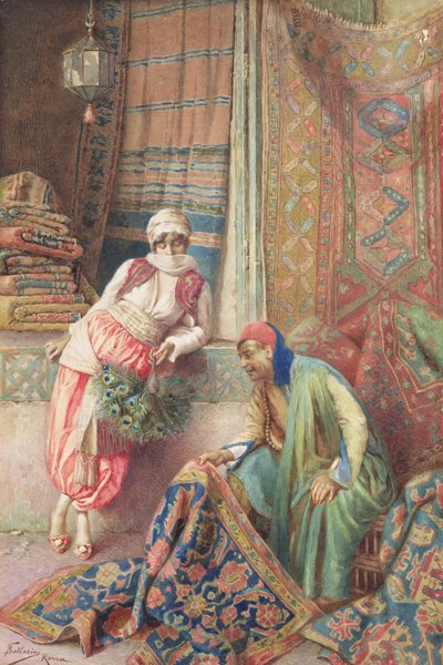 Targowanie się ze sprzedawcą dywanów, ok. 1875 (wc na papierze) autorstwa Frederico Ballesio