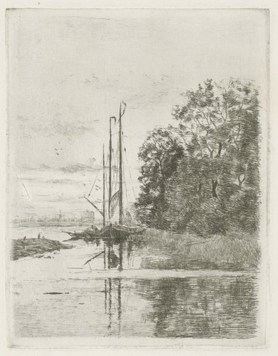 Widok na rzekę z dwoma statkami i barką. autorstwa Fredericus Jacobus van Rossum du Chattel (signed by artist)