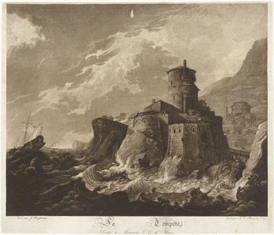 Zamek na skalistym wybrzeżu i statki w burzy na morzu La Tempête (tytuł na obiekcie) autorstwa Frederik Christiaan Bierweiler