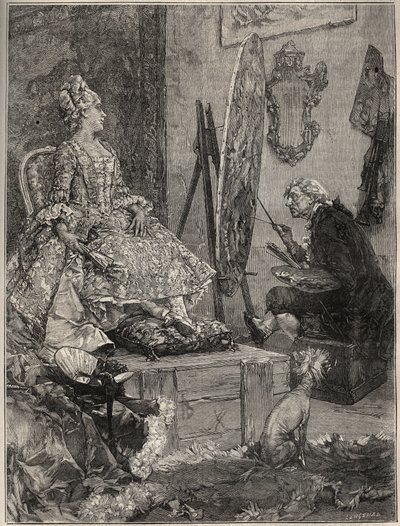 Francois Boucher (1703-1770) malujący portret Jeanne Antoinette Poisson, markizy Pompadour (znanej jako Madame de Pompadour autorstwa Frederik Hendrik (after) Kaemmerer