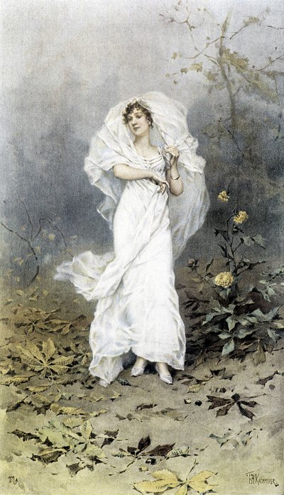 Kobieta w lesie - Alegoria jesieni, kalendarz ilustrowany przez Huberta Dysa, malowany przez F.H. Kaemmerera autorstwa Frederik Hendrik Kaemmerer