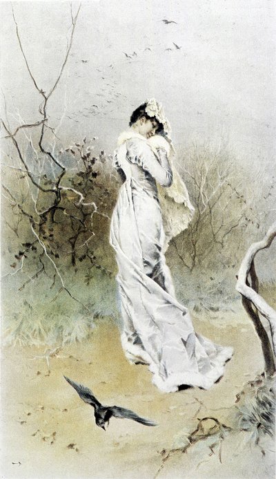 Kobieta w lesie - alegoria wczesnej zimy, kalendarz ilustrowany przez Huberta Dysa, malowany przez F.H. Kaemmerera autorstwa Frederik Hendrik Kaemmerer