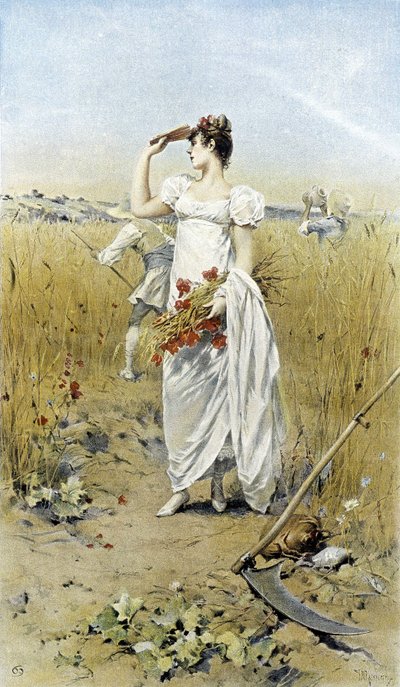 Kobieta z pszenicą i makami - alegoria późnego lata, kalendarz ilustrowany przez Huberta Dysa, malowany przez F.H. Kaemmerera autorstwa Frederik Hendrik Kaemmerer