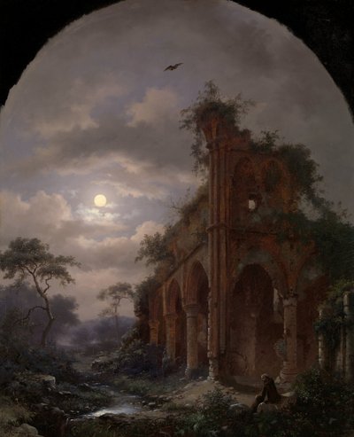 Mnich medytujący w pobliżu ruin przy świetle księżyca Medytujący mnich w ruinach w nocy autorstwa Frederik Marinus Kruseman (signed by artist)