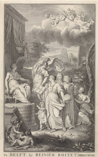 Minerva i sztuka dla postaci na tronie Strona tytułowa dla: The Groot Natuur- en Zedekundigh Wereldtoneel, Delft, R. Boitet, 1743 autorstwa Frederik Ottens