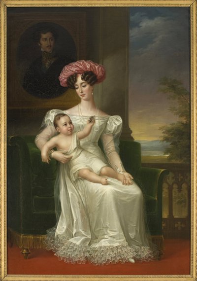 Józefina Leuchtenberg, królowa Szwecji i Norwegii (z synem Karolem XV w ramionach, siedząca przed portretem króla Oscara I) - Portret Józefiny Leuchtenberg (1807-1876), królowej Szwecji i Norwegii, autorstwa Westina , Fryderyka (1782-1862). Olej na c autorstwa Fredric Westin