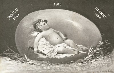 1915, kartka wielkanocna przedstawiająca już uzbrojonego żołnierza w jajku autorstwa French Photographer