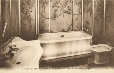 Łazienka luksusowej kabiny na pokładzie francuskiego liniowca Ile de France (zdjęcie czarno-białe) autorstwa French Photographer