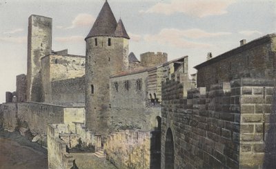 Carcassonne Cite, Widok O Chemin des remparts, Wieża Sprawiedliwości (przed renowacją) autorstwa French Photographer