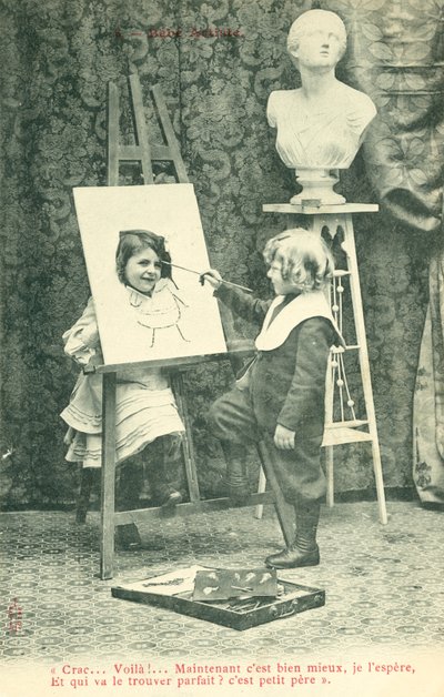 Dzieci malujące, dziewczyna z głową przez płótno autorstwa French Photographer