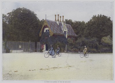 Rowerzyści przejeżdżający obok Porte de Madrid w Bois de Boulogne w Paryżu (kolorowe zdjęcie) autorstwa French Photographer