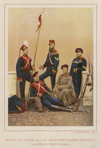Armia Rosyjska: Pułk Ułanów S M Cesarzowa Aleksandra Fiodorowna, Kawalerowie w różnych strojach (zdjęcie) autorstwa French Photographer