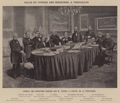 Komuna Paryska, Sala Rady Ministrów, Wersal, Rada Ministrów pod przewodnictwem M Thiers, Hotel De La Presidence (zdjęcie czarno-białe) autorstwa French Photographer