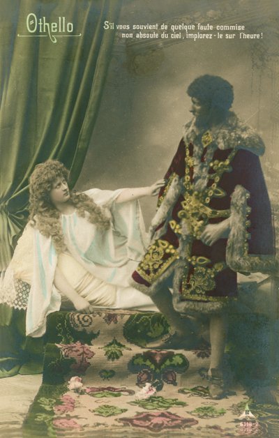 Otello z Desdemoną. Scena z tragicznej sztuki Williama Szekspira napisanej ok. 1603 r. Pocztówka wysłana w 1913 r. autorstwa French Photographer