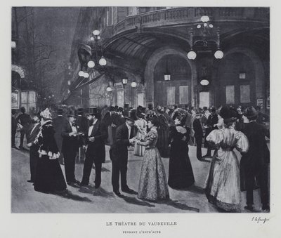 Przed Theatre du Vaudeville, Paryż, w przerwie (zdjęcie czarno-białe) autorstwa French Photographer
