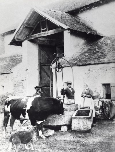 Chłopi wokół studni, w obejściu, ok. 1860-70 (zdjęcie czarno-białe) autorstwa French Photographer