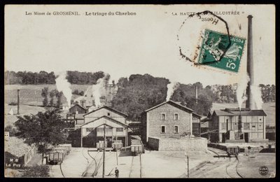 Pocztówka przedstawiająca kopalnie Grosmenil, sortowanie węgla, Górna Loara, ok. 1900 autorstwa French Photographer