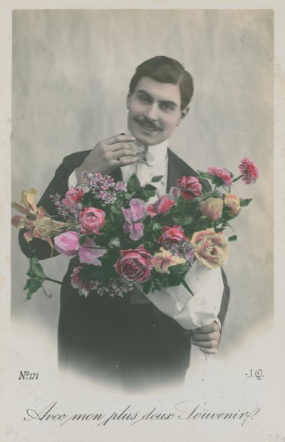 Pocztówka mężczyzny trzymającego bukiet kwiatów, wysłana w 1913 r. (zdjęcie ręcznie kolorowane) autorstwa French Photographer