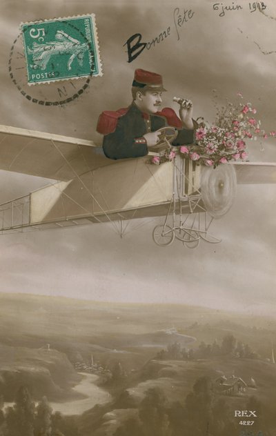 Pocztówka z lotnikiem wręczającym kwiaty, wysłana 6 czerwca 1913 r. (zdjęcie ręcznie kolorowane) autorstwa French Photographer