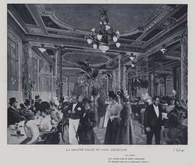 Wielka sala Cafe Americain, Paryż (zdjęcie czarno-białe) autorstwa French Photographer