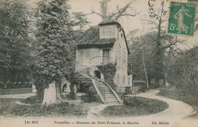 Młyn w Hameau de la reine, rustykalne zacisze zbudowane dla Marii Antoniny w parku Chateau de Versailles w pobliżu Petit Trianon. Pocztówka wysłana w 1913 roku. autorstwa French Photographer