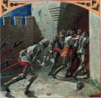 Wojna 100-letnia: armia Burgundów przez zdradę zajęła zamek Pierrefonds (XIV wiek). Chromolitografia z końca XIX wieku autorstwa French School