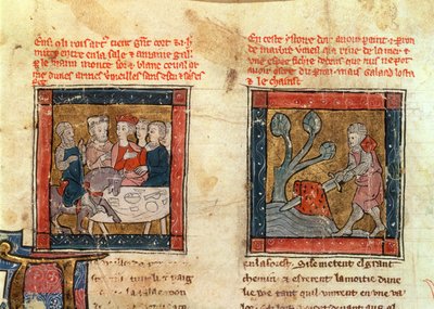 184 Fr.110 f.405 Galahad przybywa do Artura, a Galahad wyciąga miecz z pływającego kamienia w rzece w Camelot, ok. 1250-80 (patrz także 150479) autorstwa French School