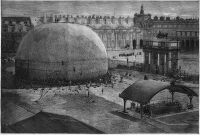 Wystawa światowa 1878 w Paryżu: na dziedzińcu Tuileries osadza się obrzęk balonu w niewoli Henriego Giffarda. Grawer w „Le Monde Illustré” nr 1112 z 20 lipca 1878 r. autorstwa French School