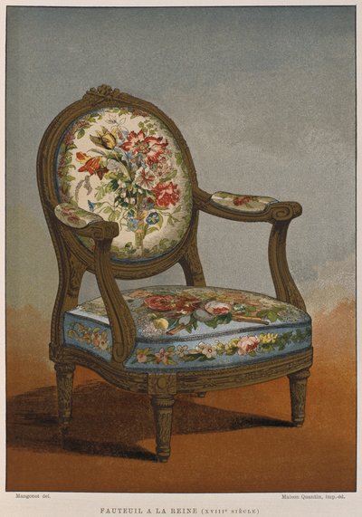 XVIII w. fotel a la reine z kwiecistym gobelinem, ilustracja z Dictionnaire de lameublement et de la decoration autorstwa Henry
