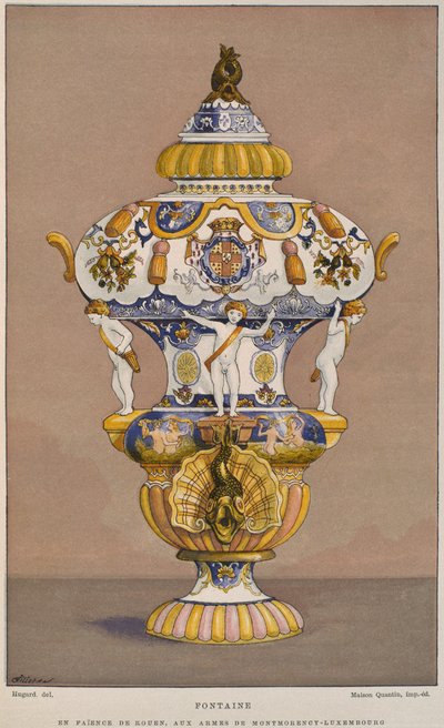 Fajansowa fontanna z XVIII w. z herbem Montmorency Luksemburg, wyprodukowana w Rouen, ilustracja z Dictionnaire de lameublement et de la decoration autorstwa Henry