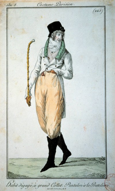 XVIII-wieczna moda: paryski garnitur z dużym kołnierzem, spodnie z łódeczkami. Paryż, Musée du Costume autorstwa French School