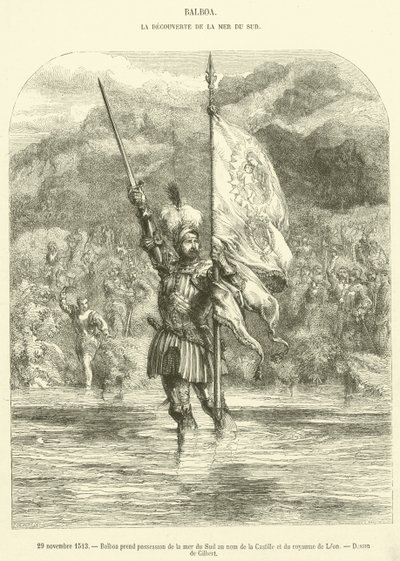 29 listopada 1513 Balboa przejmuje w posiadanie Morze Południowe w imieniu Kastylii i Królestwa Leonu (rycina) autorstwa French School