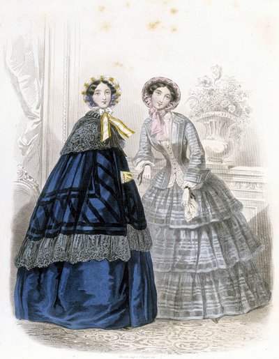 2 modne kobiety: w stroju - w „Journal des Demoiselles” 1852 (grawerunek) autorstwa French School