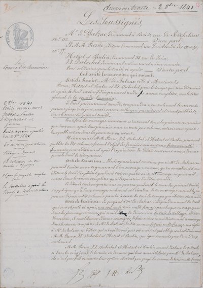 Drugi dokument kontraktowy dotyczący La Comedie Humane między Honore de Balzac (1799-1850) a Hetzel, Paulin, Dubochet i wydawcą Charlesem Furne, 2 października 1841 autorstwa French School