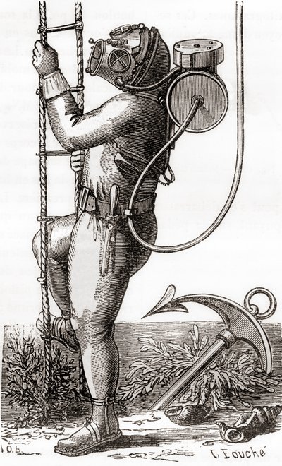XIX-wieczny nurek głębinowy ubrany w gumowany kombinezon do nurkowania z hełmem i regulatorem butli, z „Les Merveilles de la Science”, opublikowany ok. 1870 r. (rycina) autorstwa French School