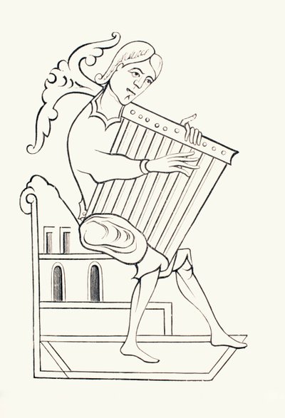 Muzyk z IX wieku grający na instrumencie muzycznym znanym jako psałterium, z „Les Arts au Moyen Age”, opublikowanej w 1873 r. (lito) autorstwa French School
