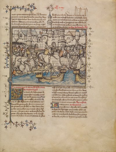 Bitwa z wojny trojańskiej, ok. 1390-1400 (tempera, lawowania i złoty płatek na pergaminie) autorstwa French School