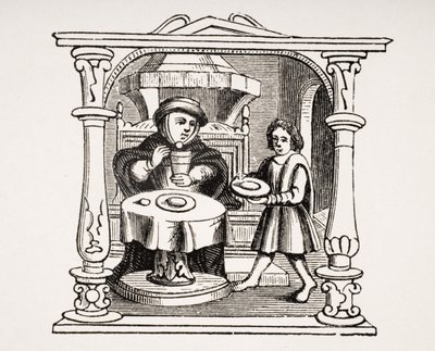 Burgess jedzący posiłek, według ilustracji z XVI-wiecznego rękopisu, z Le Moyen Age et La Renaissance autorstwa Paula Lacroix (1806-84) opublikowanego w 1847 roku autorstwa French School