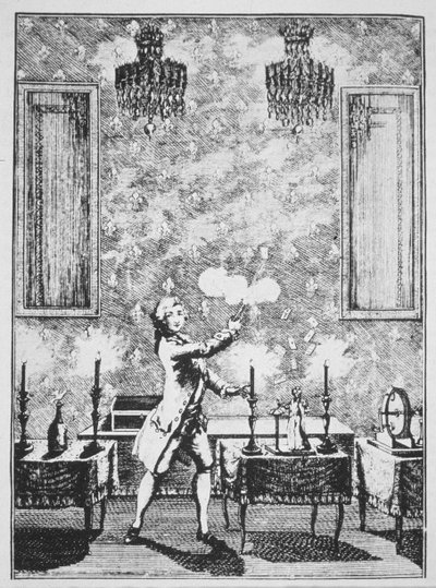 Demonstracja czarowania z La magie Blanche devoilee autorstwa Decremps, 1659, zilustrowana w Historii magii, opublikowanej pod koniec XIX wieku autorstwa French School
