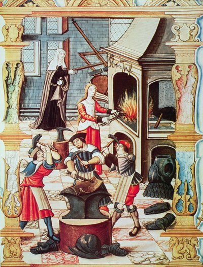 Francuska kuźnia z XVI wieku, kopia miniatury z „Chants royaux sur la Conception Couronnee du Puy de Rouen” (kolor litho) autorstwa French School