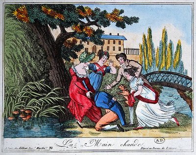 Gra w „La Main Chaude” („Gorące małże”), początek XIX wieku (kolorowe grawerowanie) autorstwa French School